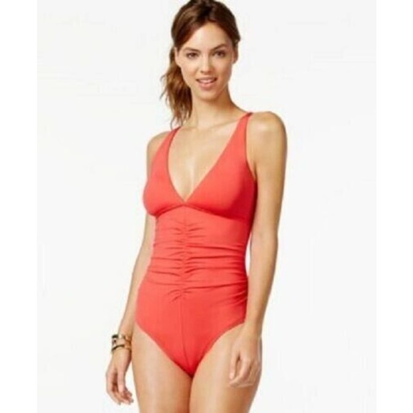 Calvin Klein Ruched V Neck‎ One Piece Swimsuit Watermelon 16 NWT - Picture 1 of 1